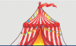 image of red and white stripped tent/pavilion with red streamer in wind
